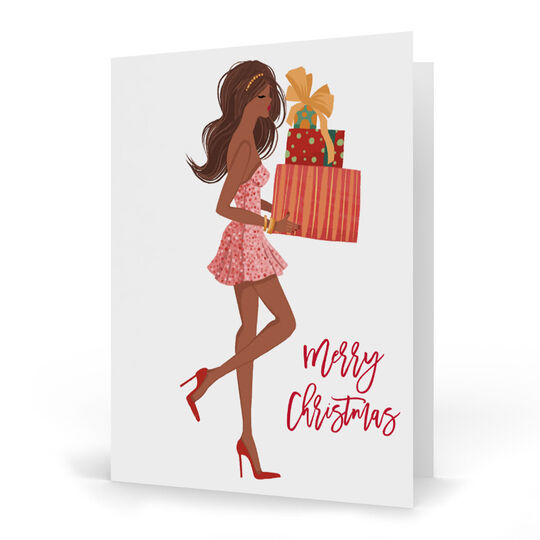 Multicultural Girl with Gifts Folded Christmas Cards